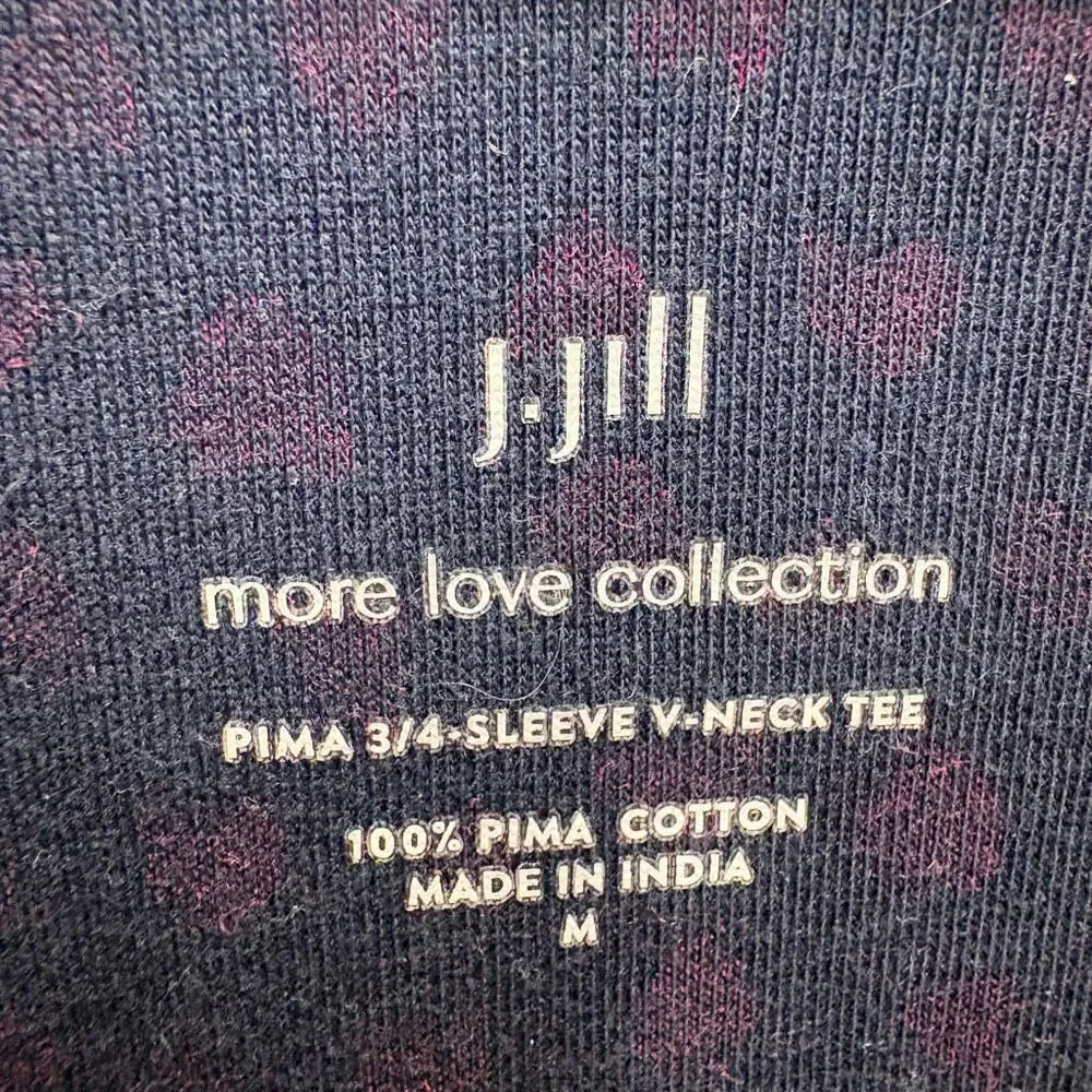 J. Jill M Navy Blue Pink Heart Print 3/4 Sleeve Blouse Romantic Feminine Artsy